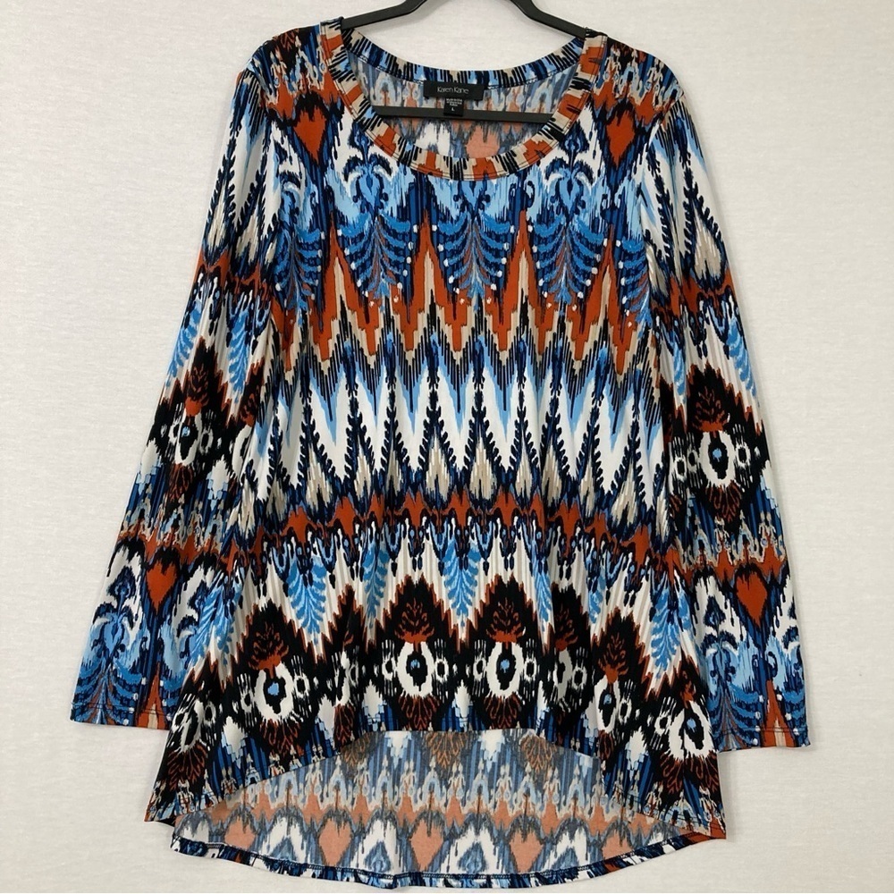 Karen Kane Multi Color Round Neck High Low Stretch‎ Long Sleeve Top Large
